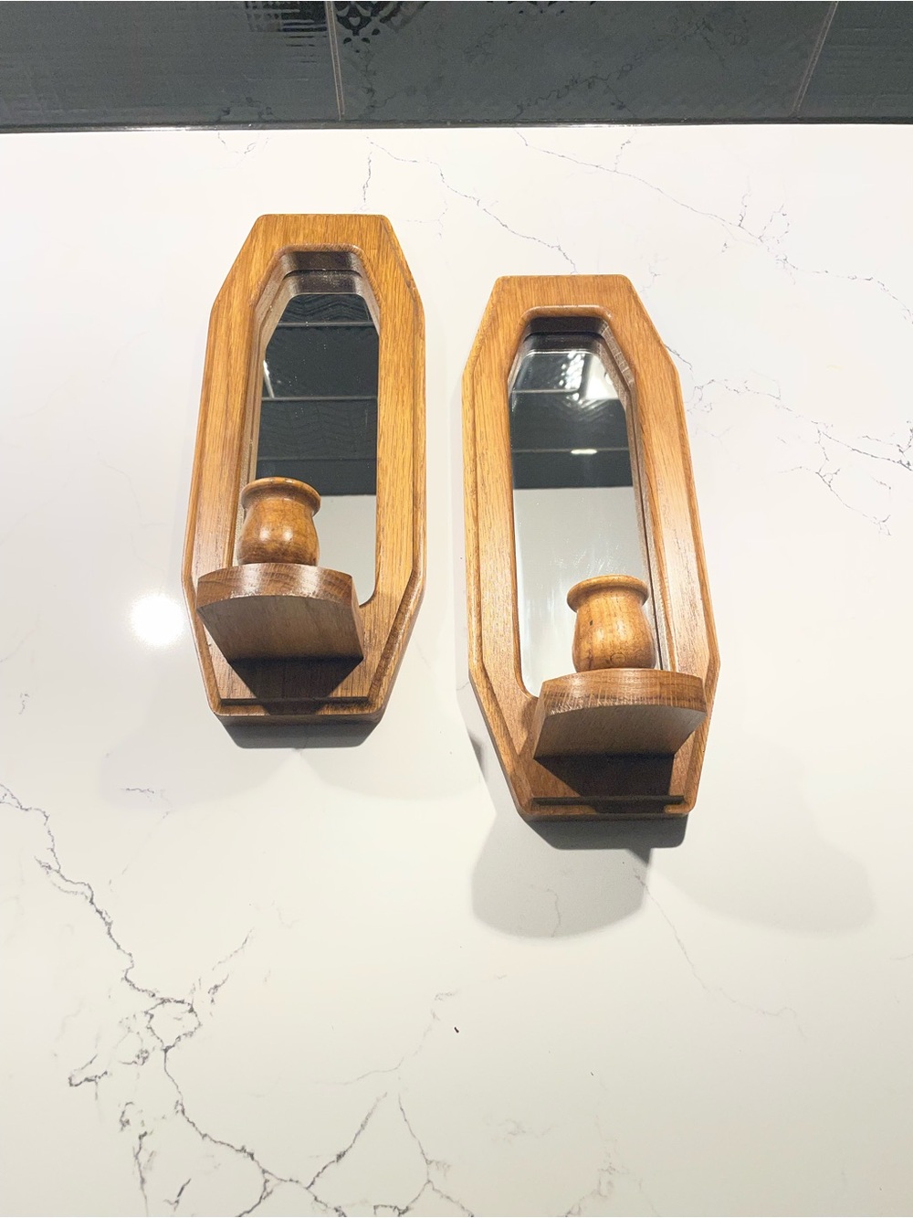 Vintage pair of wooden mirrored wall sconce candle holders